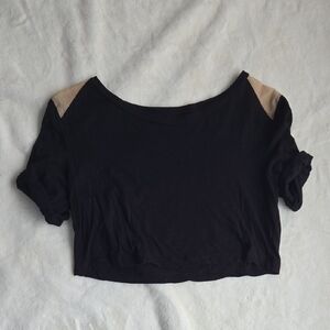 Pencey size S black crop top with sheer shoulders and rolled sleeves